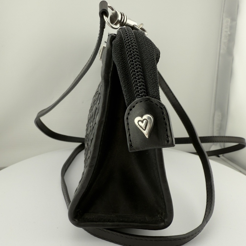 Vtg Brighton Crossbody Purse Black Romag Embossed Leather Organizer Weave Accent - Picture 6 of 14
